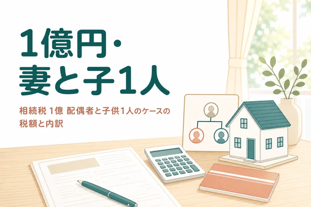 配偶者と子1人が遺産1億円を相続するケースの相続税を解説する記事のアイキャッチ