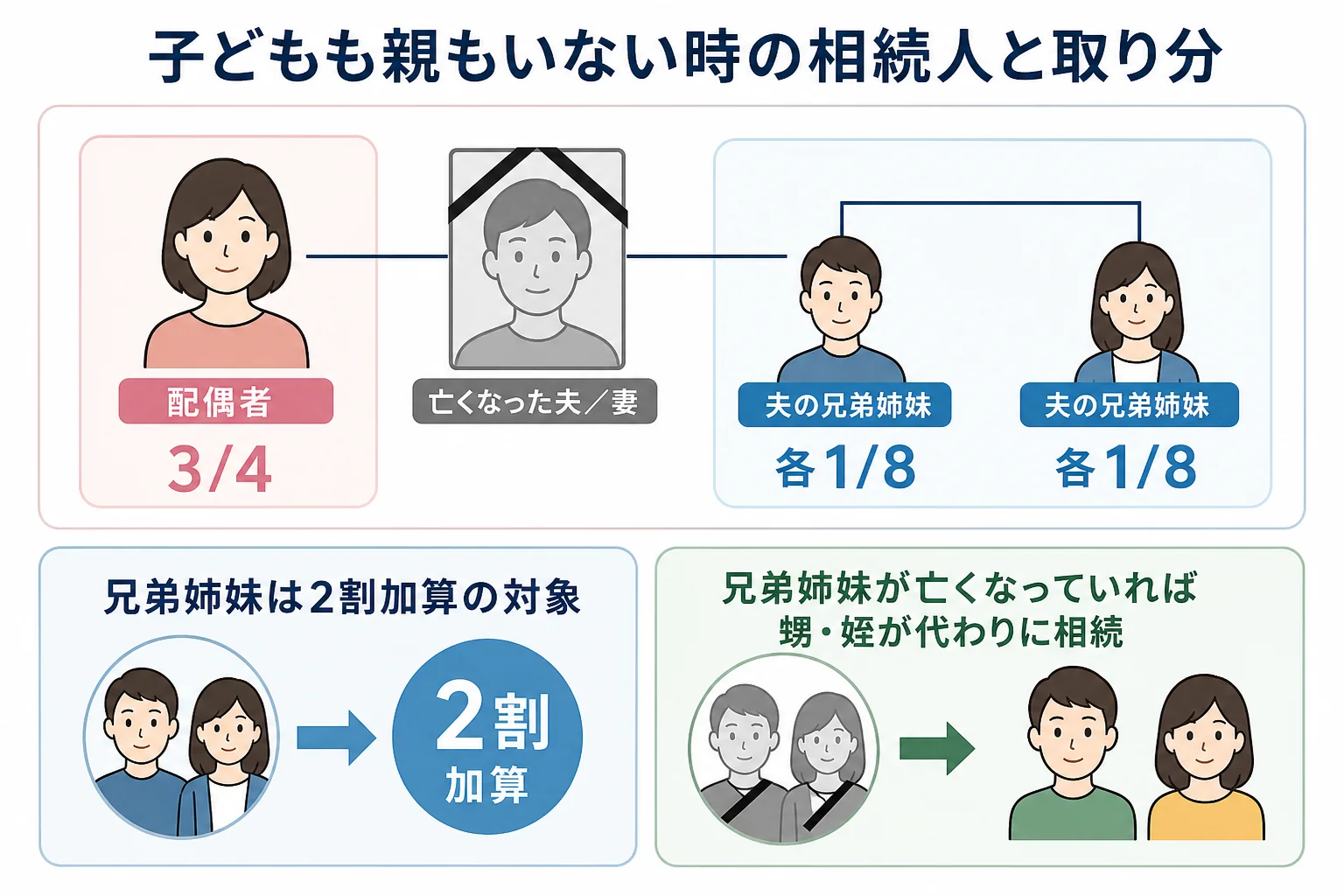 配偶者と夫の兄弟姉妹2人が相続人になる時の家系図と取り分
