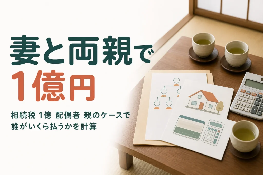 配偶者と親が遺産1億円を相続するケースの相続税を計算する記事のアイキャッチ