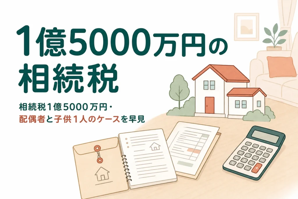 遺産1億5000万円を配偶者と子1人で相続するケースの相続税を解説する記事のアイキャッチ