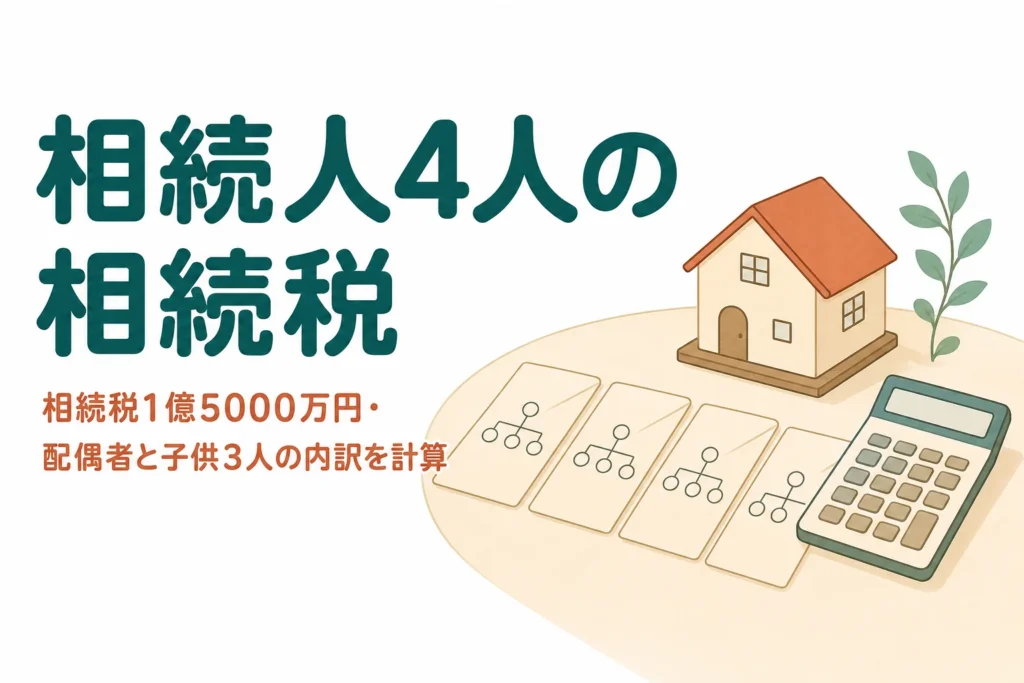 遺産1億5000万円を配偶者と子3人で相続するケースの相続税額と内訳を解説する記事のアイキャッチ