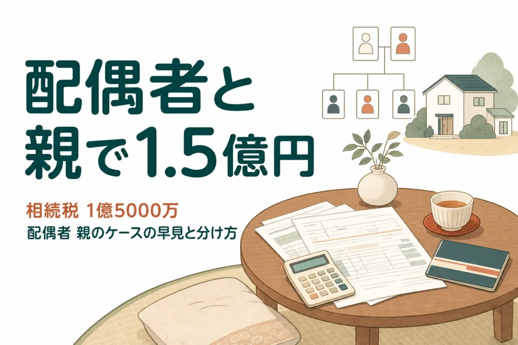 配偶者と親が遺産1億5000万円を相続するケースの相続税を解説する記事のアイキャッチ