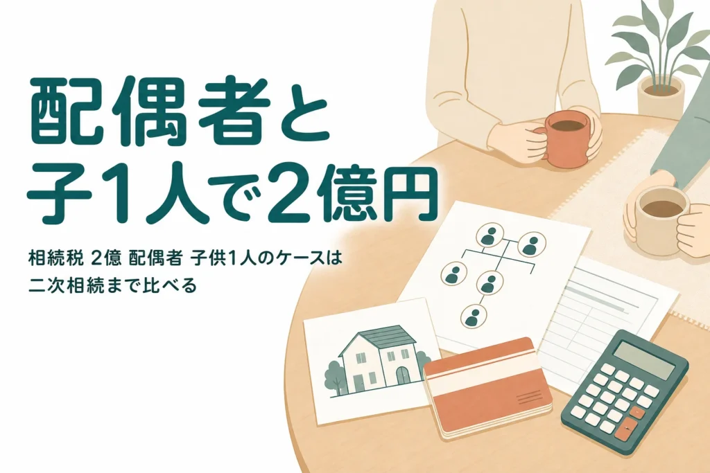 配偶者と子1人が遺産2億円を相続するケースの相続税を解説する記事のアイキャッチ