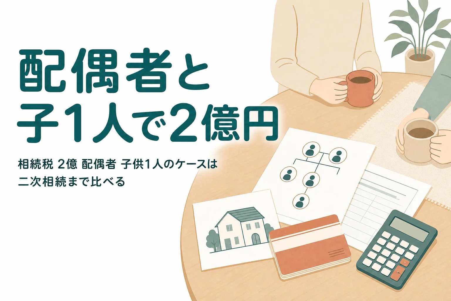 配偶者と子1人が遺産2億円を相続するケースの相続税を解説する記事のアイキャッチ