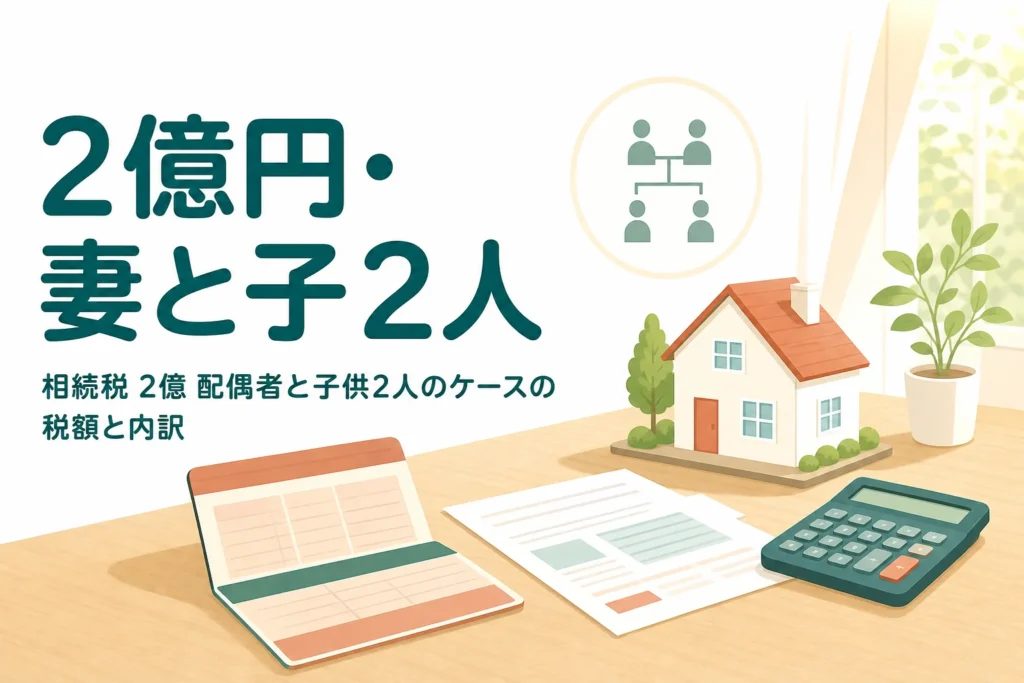 配偶者と子2人が遺産2億円を相続するケースの相続税を解説する記事のアイキャッチ