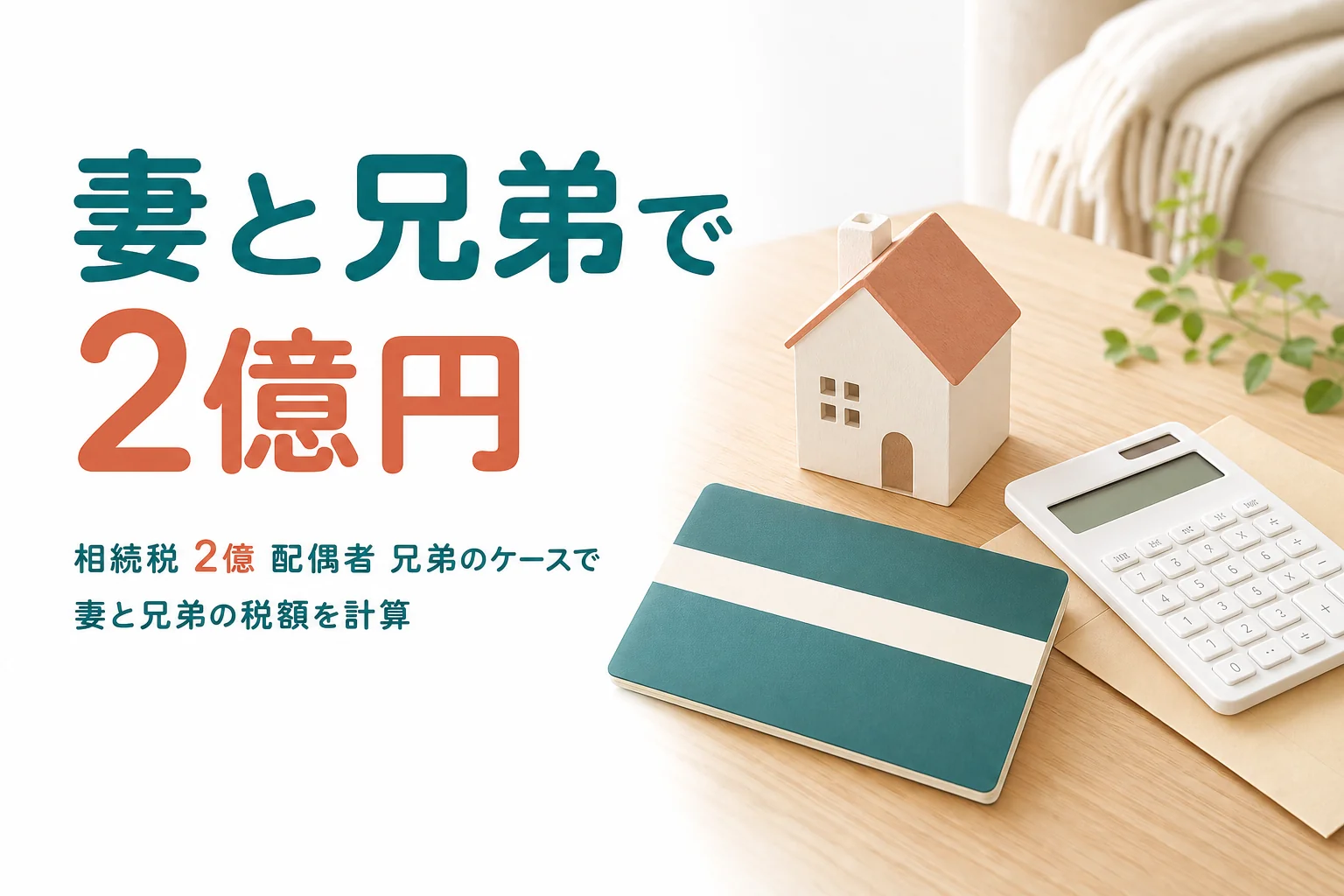 妻と夫の兄弟2人が遺産2億円を相続するケースの相続税を計算する記事のアイキャッチ