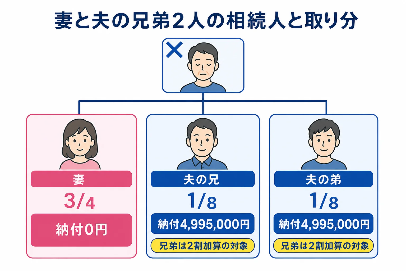 妻と夫の兄弟2人が相続人になる時の家系図と取り分