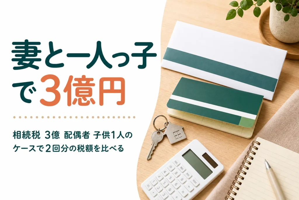 妻と子1人が遺産3億円を相続するケースの相続税を計算する記事のアイキャッチ
