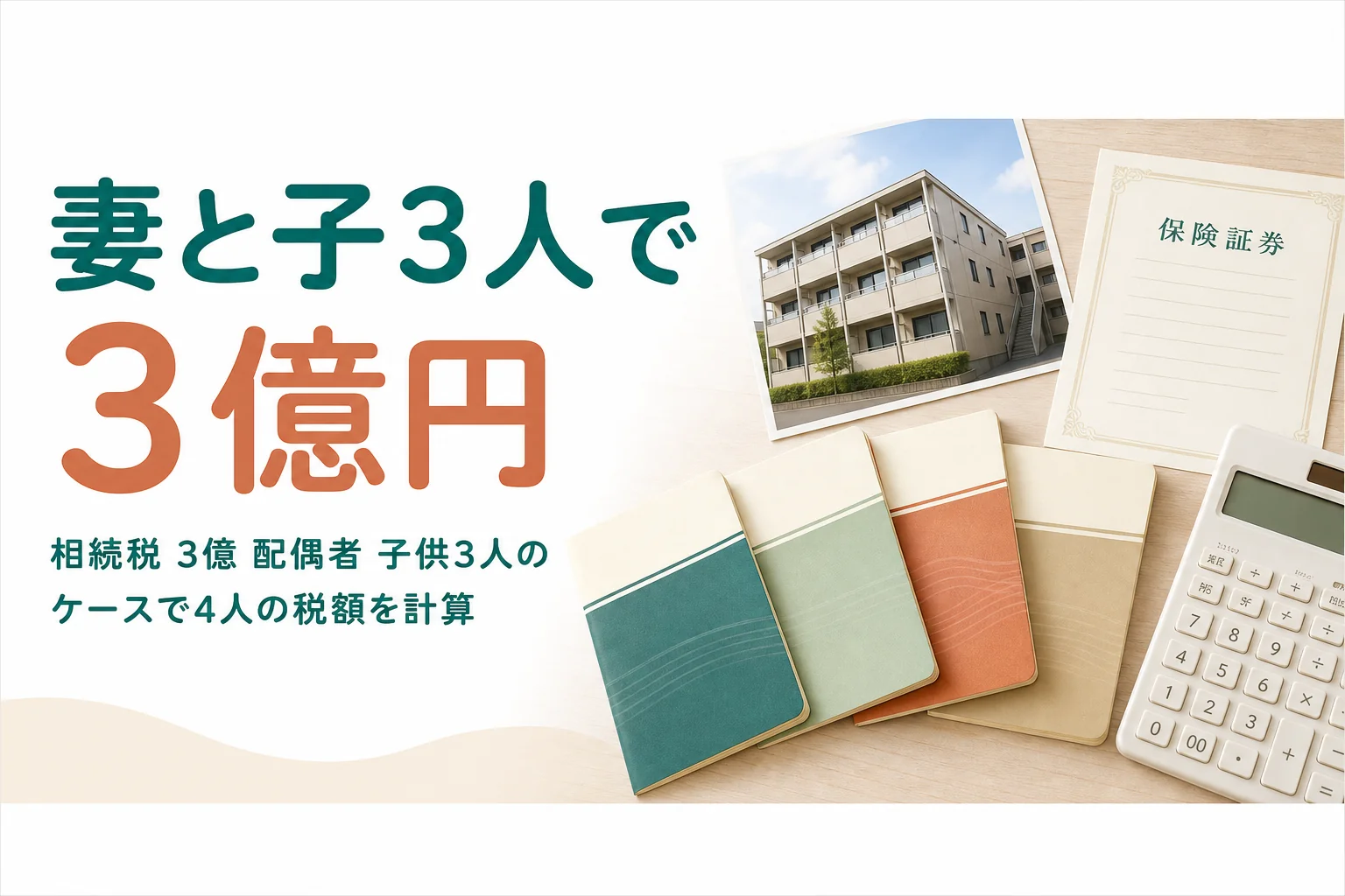妻と子3人が遺産3億円を相続するケースの相続税を計算する記事のアイキャッチ