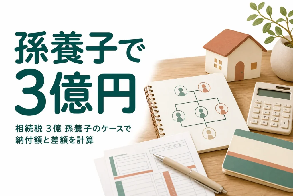 遺産3億円を子2人と孫養子1人で相続するケースの相続税を解説する記事のアイキャッチ