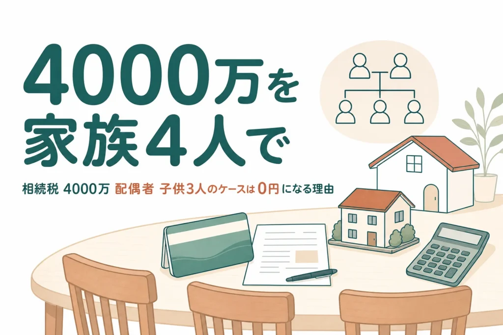 配偶者と子3人が遺産4000万円を相続するケースの相続税を解説する記事のアイキャッチ