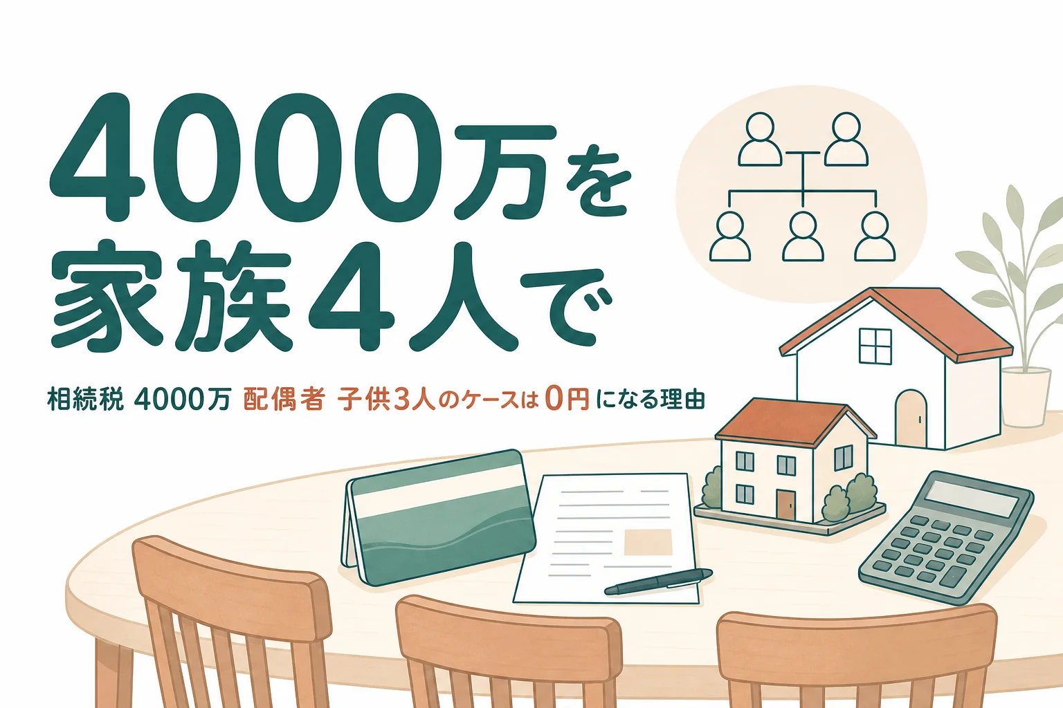 配偶者と子3人が遺産4000万円を相続するケースの相続税を解説する記事のアイキャッチ
