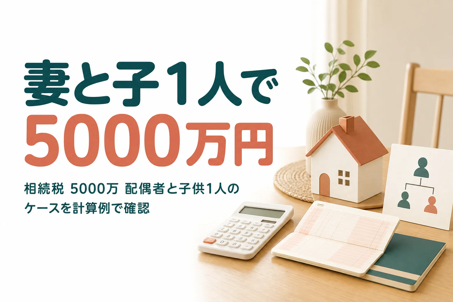 遺産5000万円を配偶者と子1人で相続した時の相続税を計算例で解説する記事のアイキャッチ