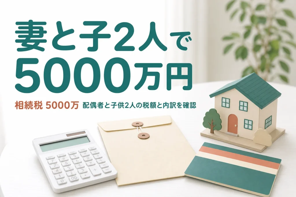 配偶者と子2人が遺産5000万円を相続するケースの相続税額と内訳を解説する記事のアイキャッチ