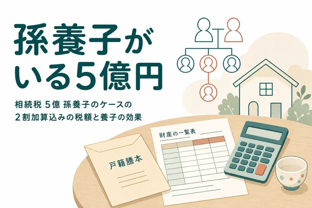 子2人と孫養子1人が遺産5億円を相続するケースの相続税を解説する記事のアイキャッチ