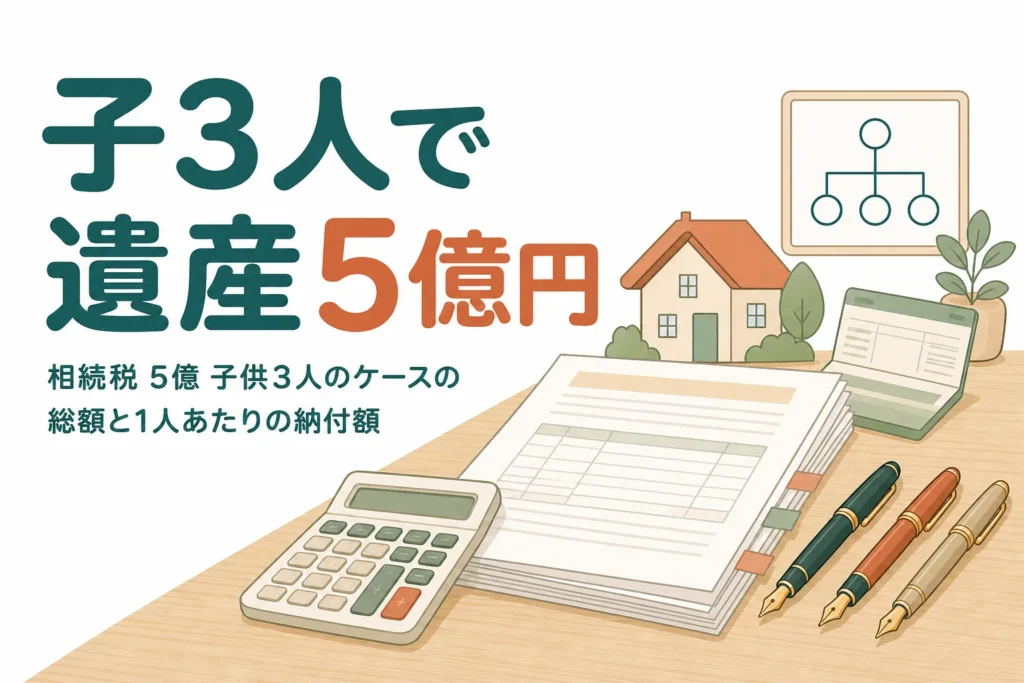 子3人が遺産5億円を相続するケースの相続税を解説する記事のアイキャッチ