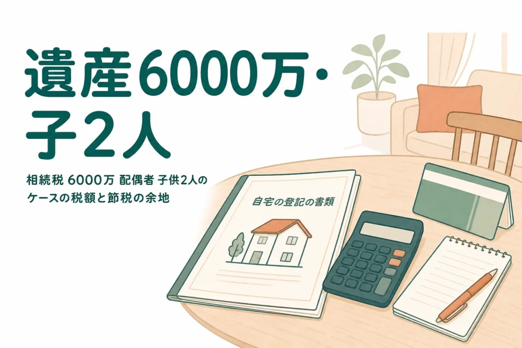 遺産6000万円を配偶者と子2人で相続するケースの相続税を解説する記事のアイキャッチ