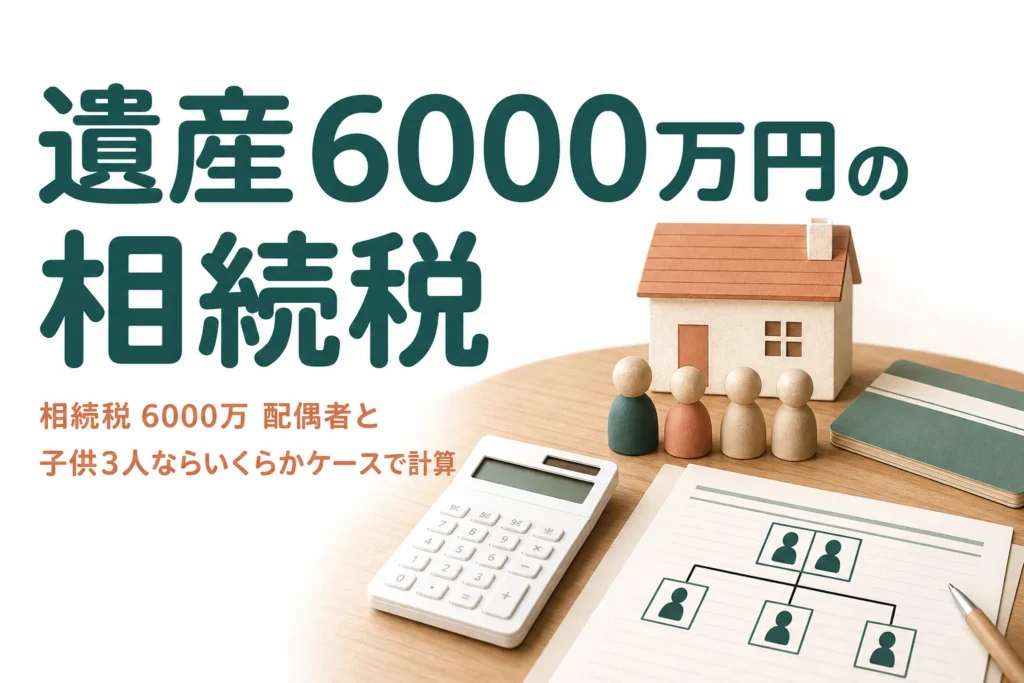 遺産6000万円を配偶者と子3人で相続するケースの相続税を計算する記事のアイキャッチ