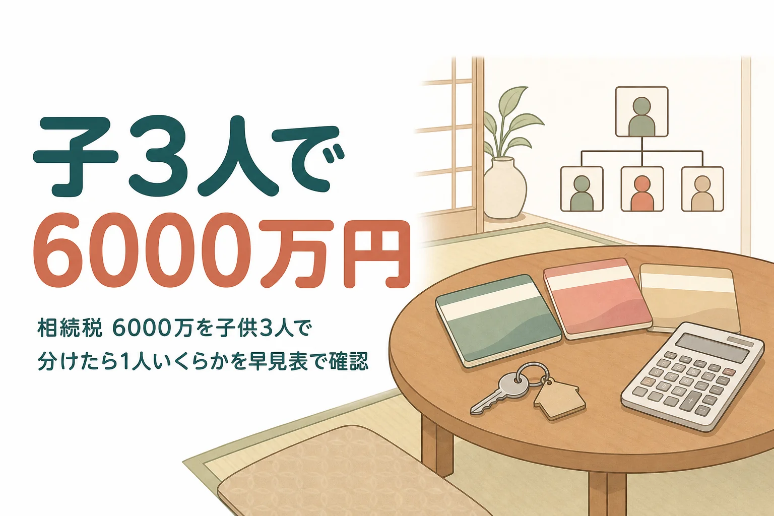 子ども3人で遺産6000万円を相続するケースの相続税を早見する記事のアイキャッチ