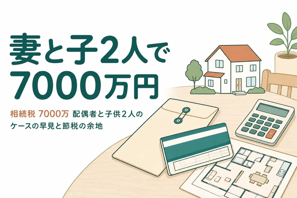 配偶者と子2人が遺産7000万円を相続した時の相続税の早見を解説する記事のアイキャッチ