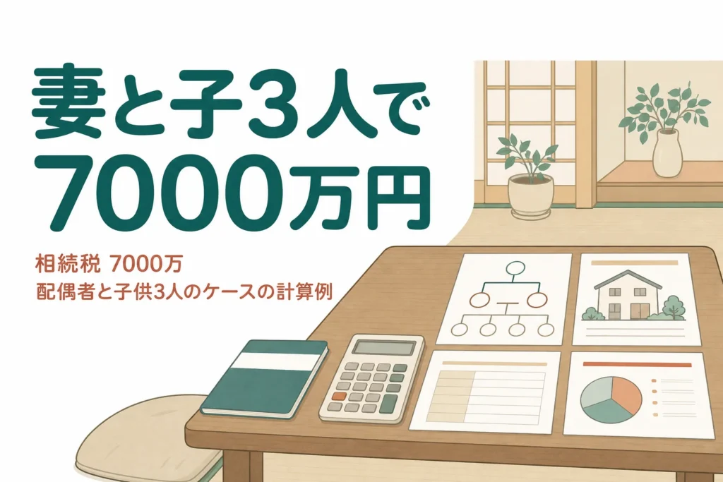 配偶者と子3人が遺産7000万円を相続した時の相続税の計算例を解説する記事のアイキャッチ