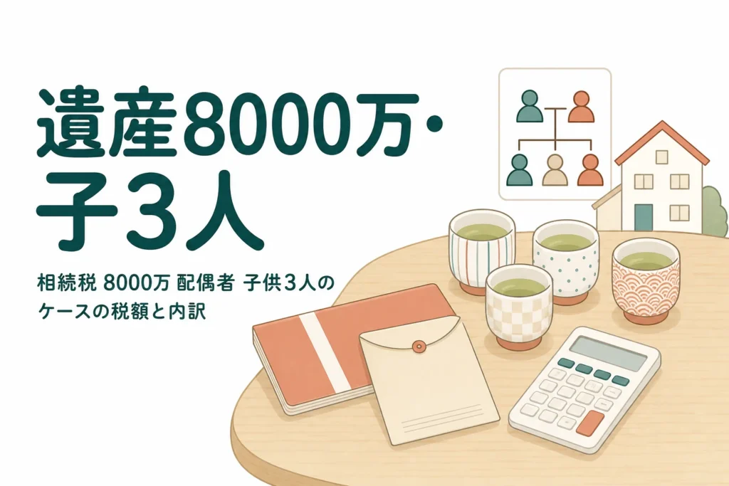 配偶者と子3人が遺産8000万円を相続するケースの相続税額と内訳を解説する記事のアイキャッチ