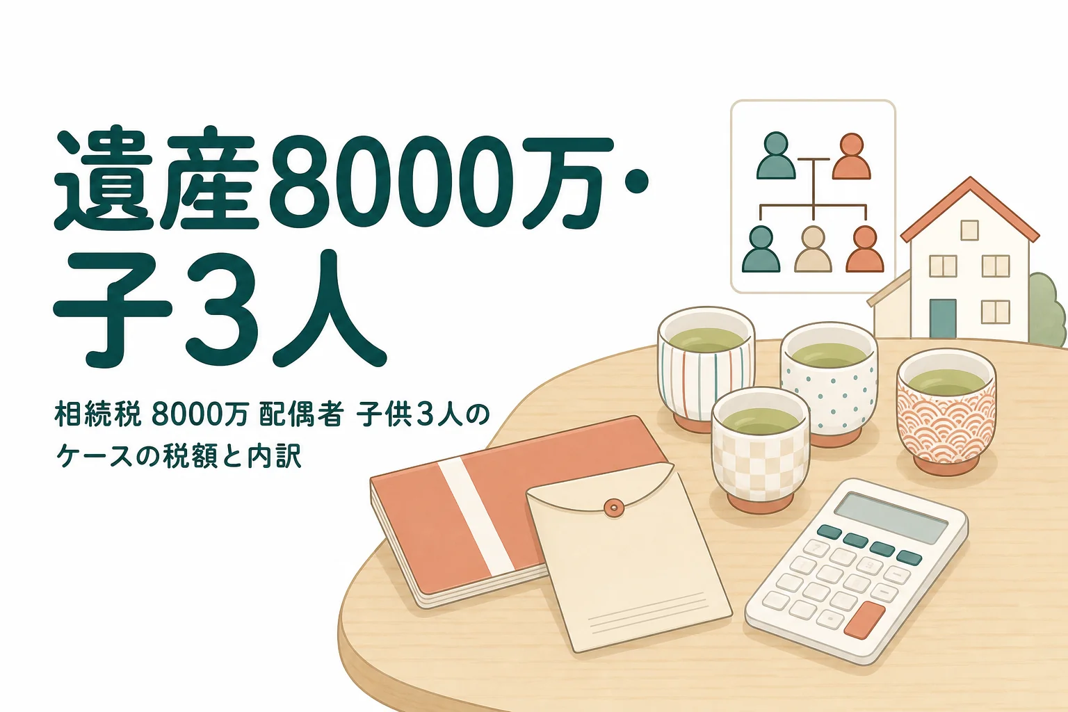 配偶者と子3人が遺産8000万円を相続するケースの相続税額と内訳を解説する記事のアイキャッチ