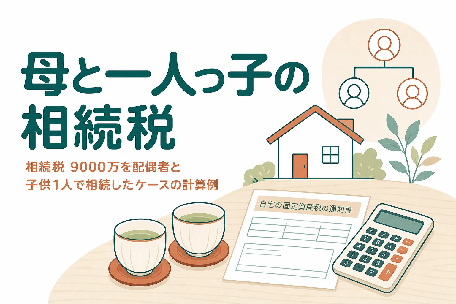 遺産9000万円を配偶者と子1人で相続するケースの相続税を計算する記事のアイキャッチ