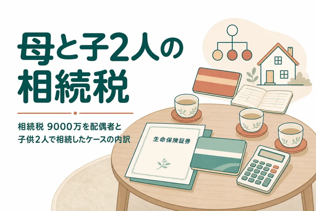 遺産9000万円を配偶者と子2人で相続するケースの相続税の内訳を解説する記事のアイキャッチ