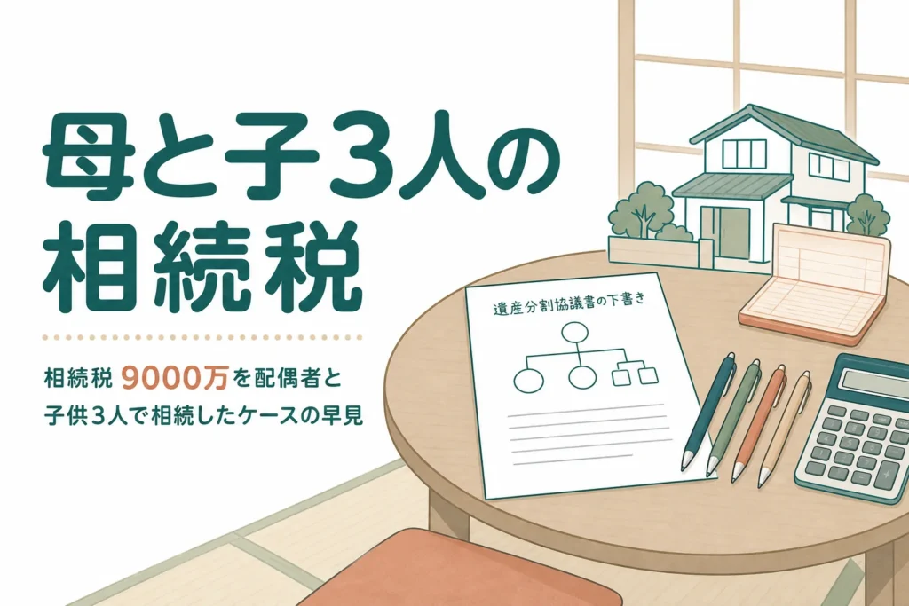 遺産9000万円を配偶者と子3人で相続するケースの相続税と分け方を解説する記事のアイキャッチ