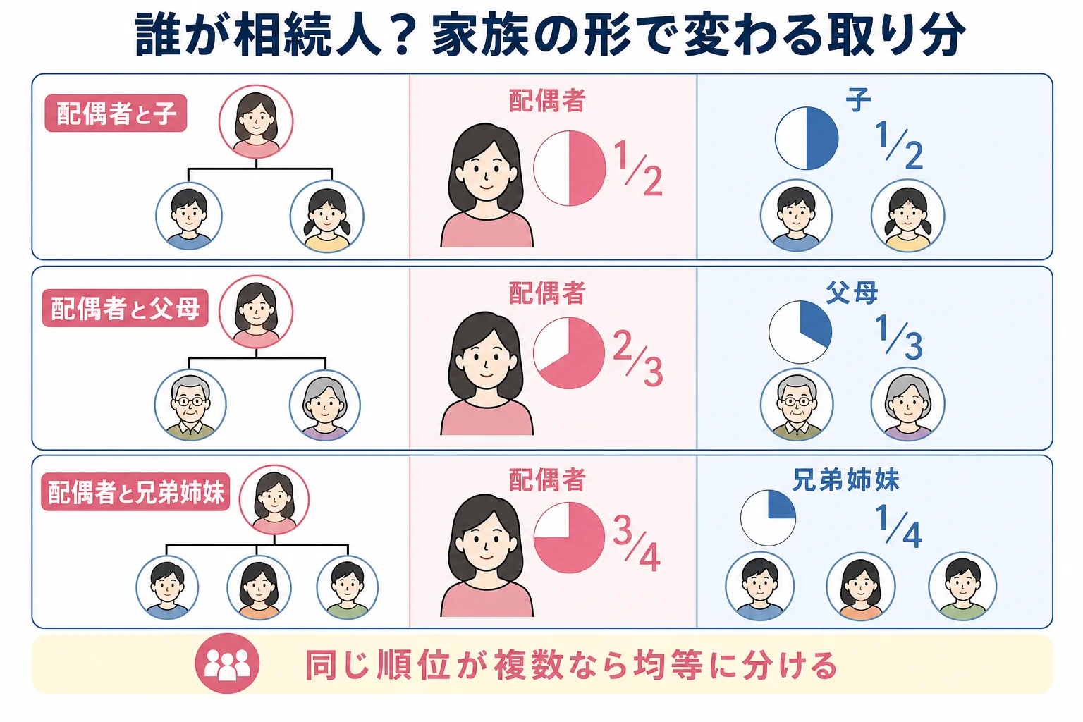 配偶者と子、配偶者と父母、配偶者と兄弟姉妹の3つの家族図で、誰が相続人になり取り分がどう変わるかを示した図解