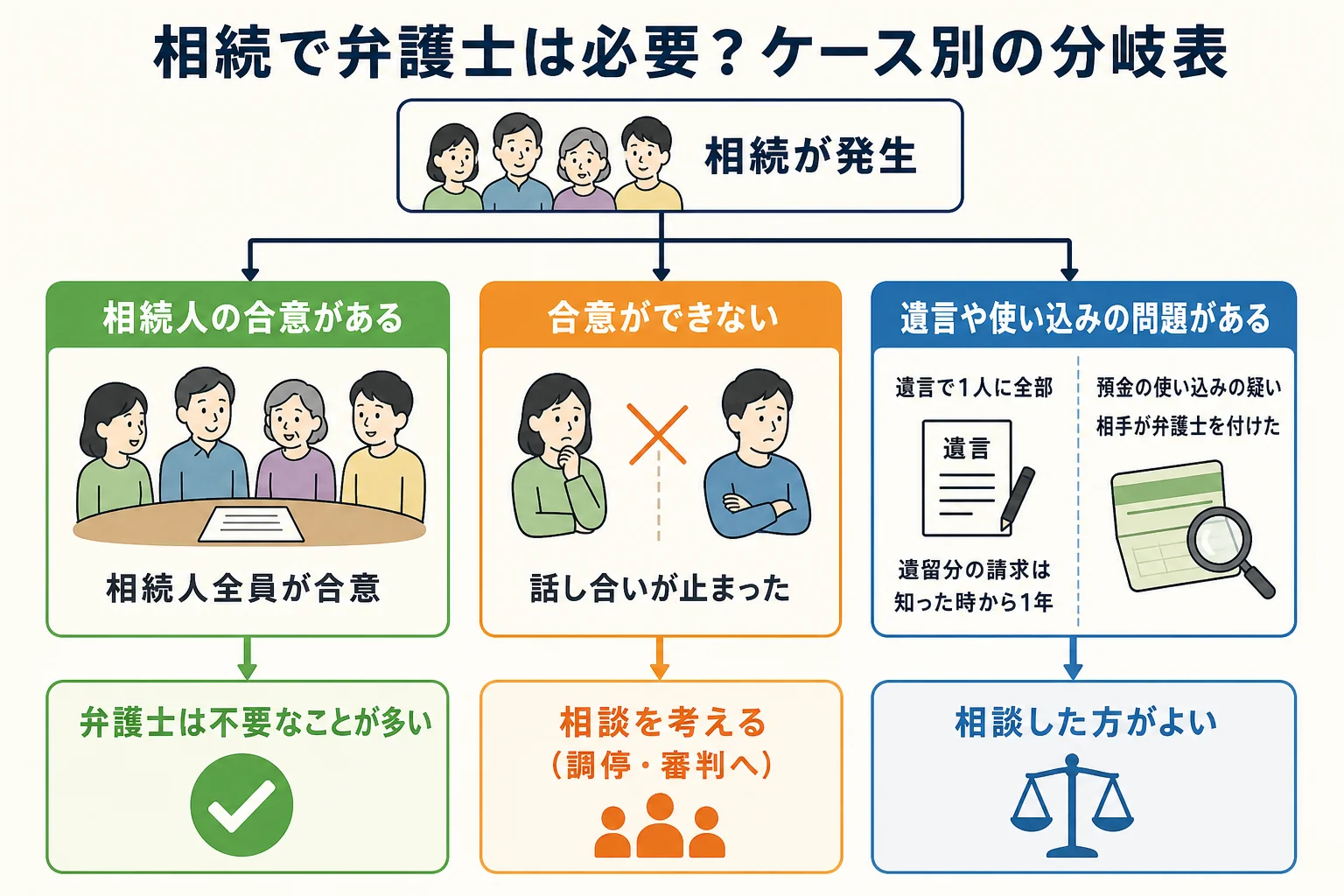 相続人の合意の有無や遺言・使い込みの疑いなど、ケースごとに弁護士が必要かを分けた分岐表