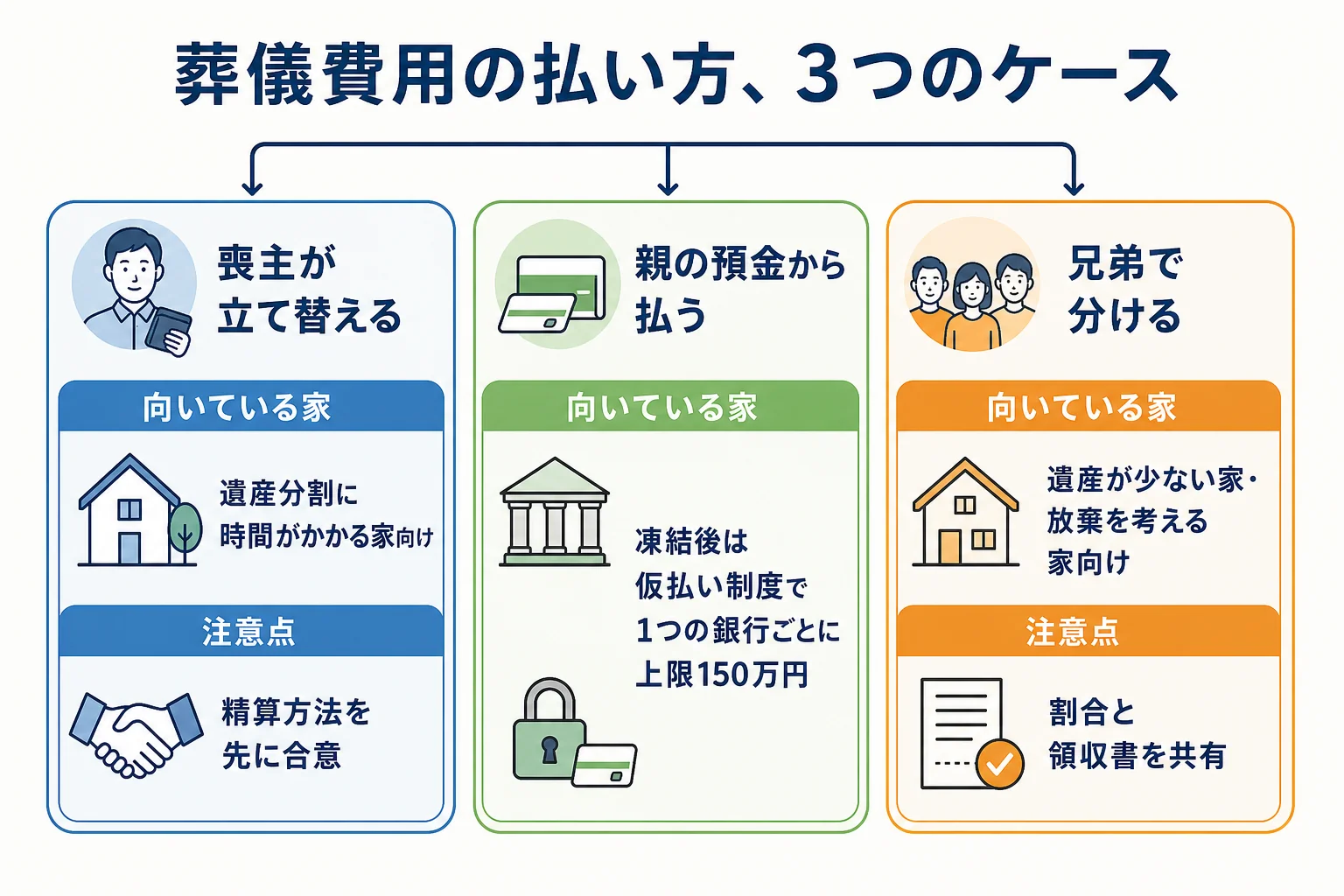 喪主が立て替える・遺産から払う・兄弟で分けるの3つのケースで、向いている家と注意点を並べたケース別の分岐表