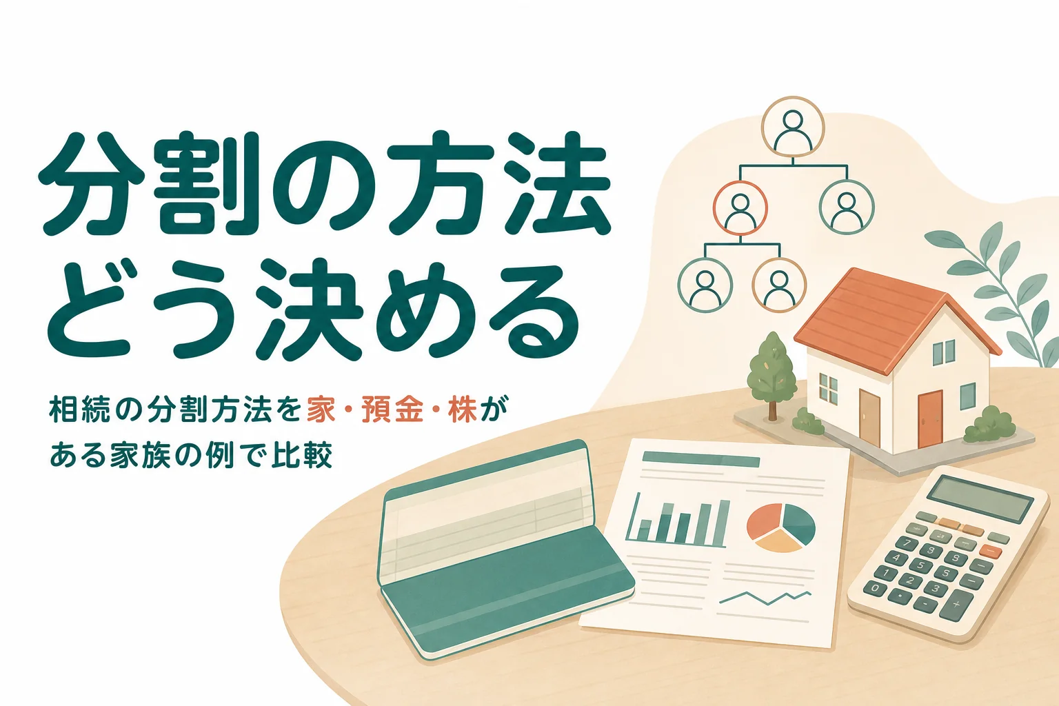 相続の分割方法を、家・預金・株がある家族の例で4つの方法ごとに比較する記事のアイキャッチ