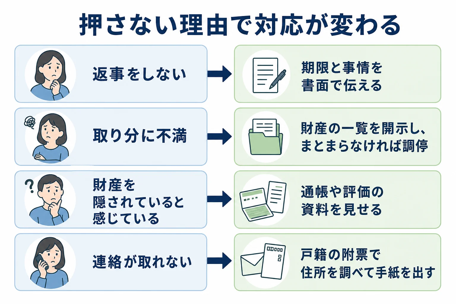 ハンコを押さない理由ごとに、話し合い・資料の開示・調停など対応が分かれる様子を示したケース別の分岐表
