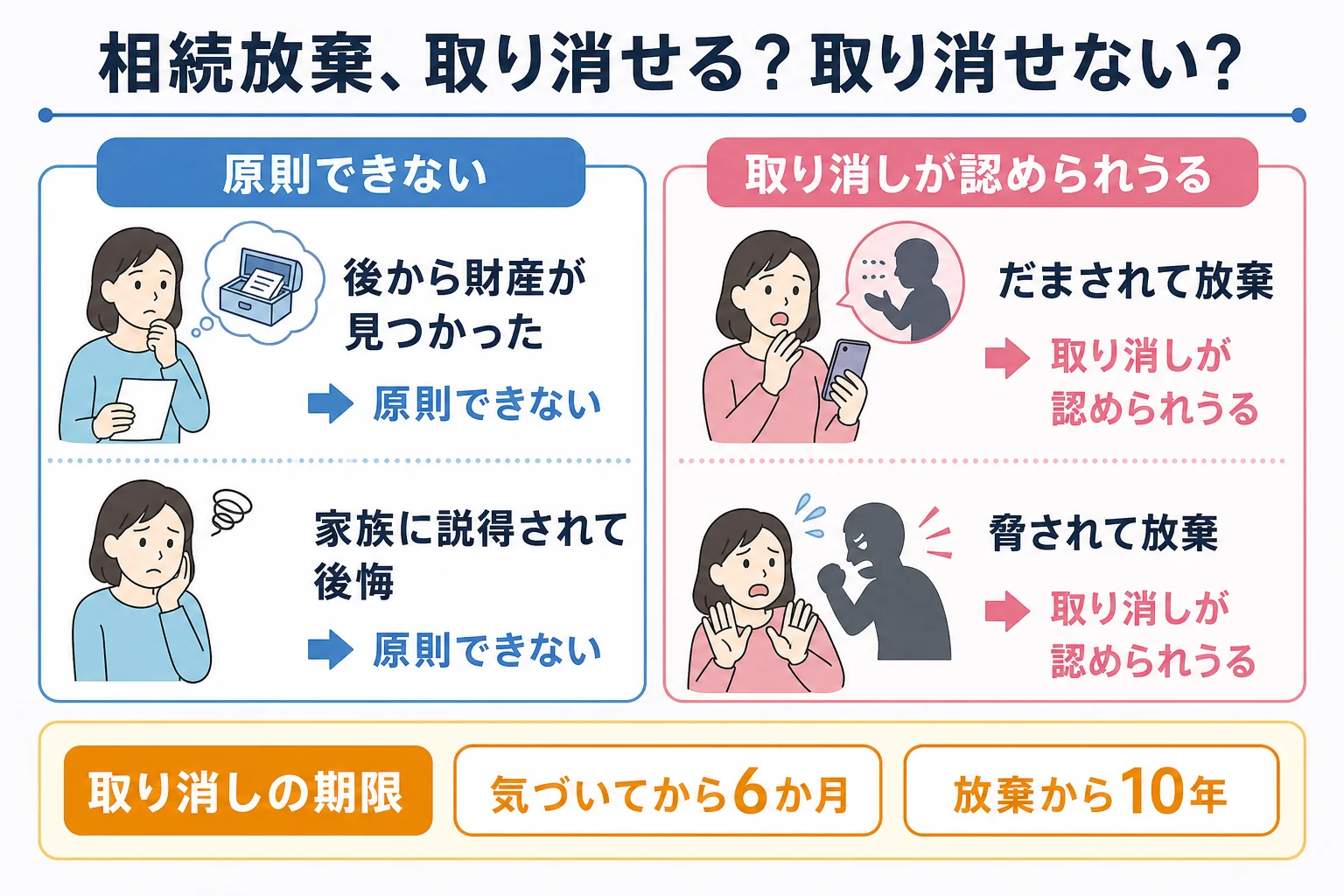 相続放棄を後悔した理由ごとに、撤回できないケースと取り消しが認められうるケースに分かれる分岐表の図