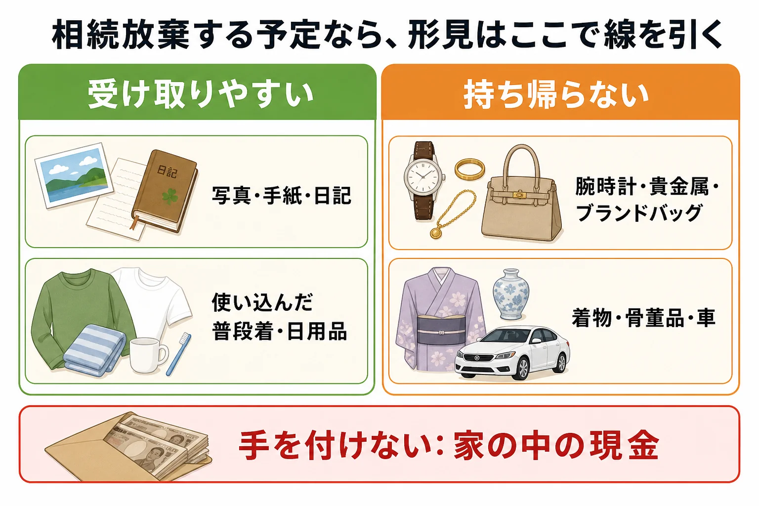 写真や普段着は受け取りやすく、腕時計・着物・車・現金は放棄が終わるまで持ち帰らない方がいいことを分けた一覧表