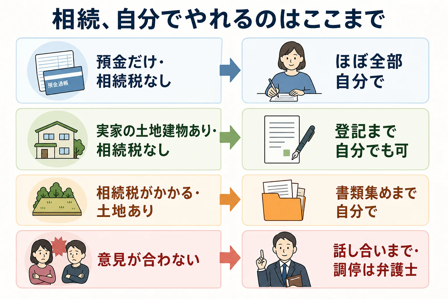 財産と家族のケースごとに、相続を自分でやれる範囲と専門家に頼む場面が分かれる分岐表の図