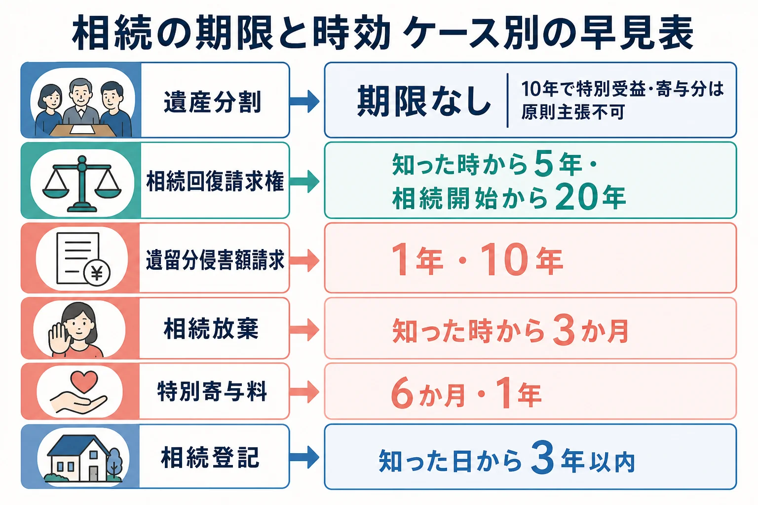 遺産分割・相続回復請求権・遺留分・相続放棄・特別寄与料の期限を、相続開始からの年数の線上に並べたケース別の比較表