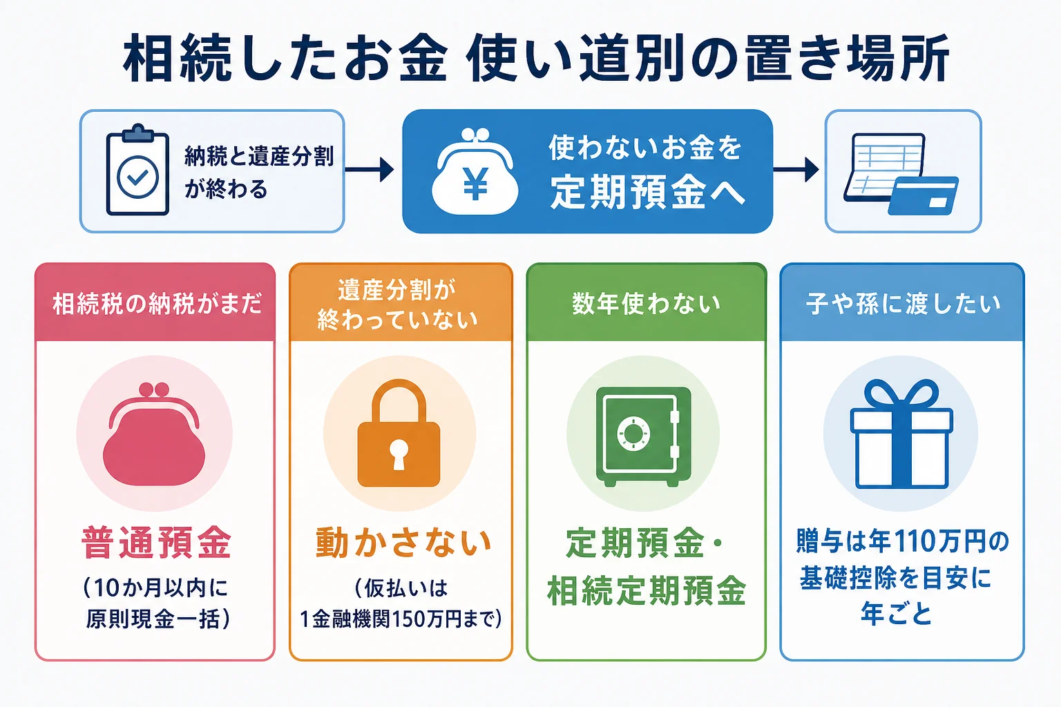 相続したお金の使い道ごとに、普通預金・定期預金・贈与のどこに置くかを分けたケース別の分岐表