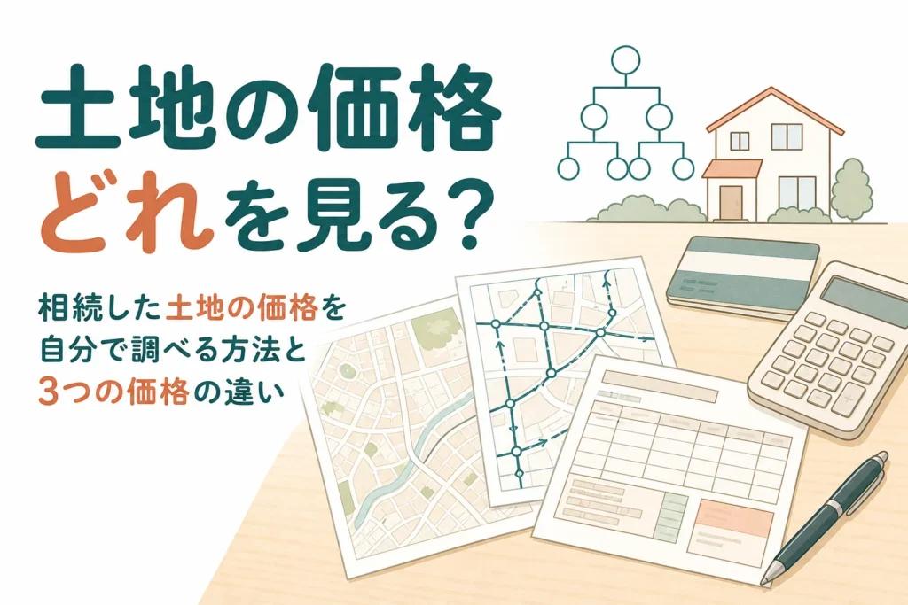 相続した土地の価格を自分で調べる方法と、3つの価格の違いを解説する記事のアイキャッチ