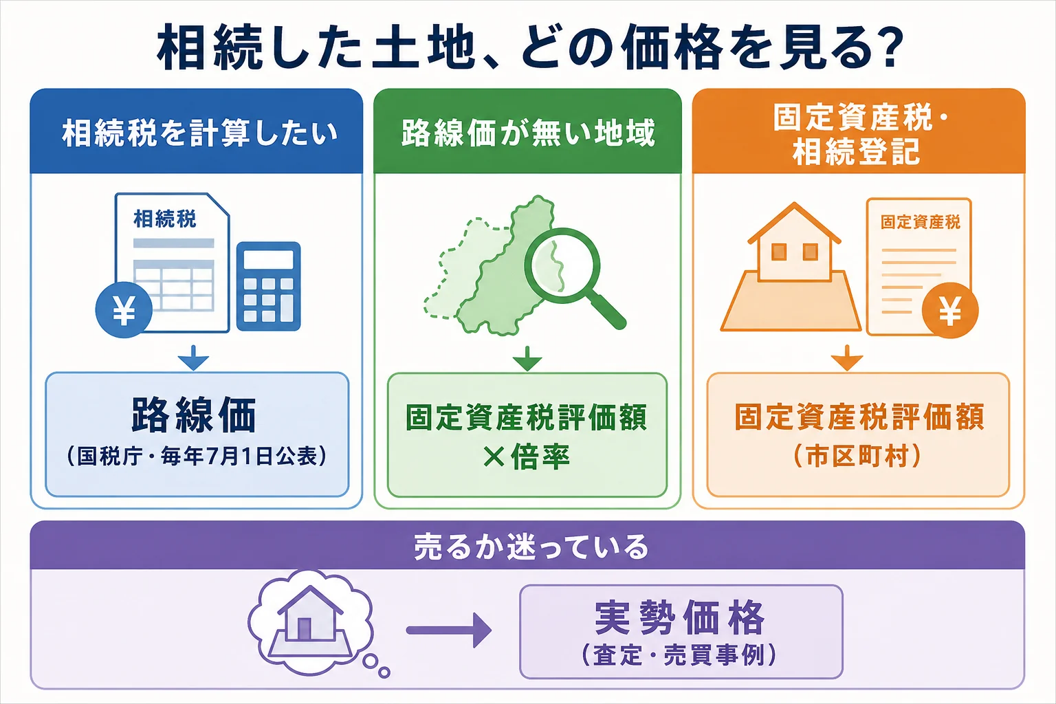 路線価・固定資産税評価額・実勢価格の3つを、決める人と使い道で並べたケース別の分岐表