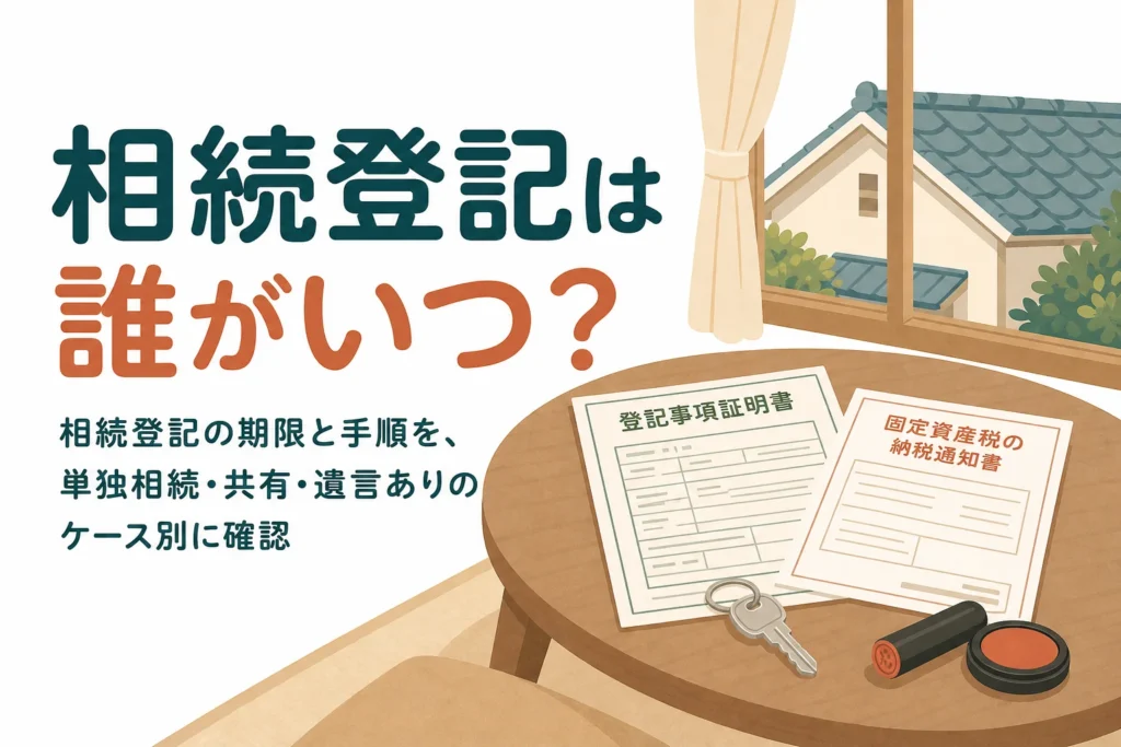相続登記を誰がいつまでにするかを、単独相続・共有・遺言ありのケース別に確かめる記事のアイキャッチ