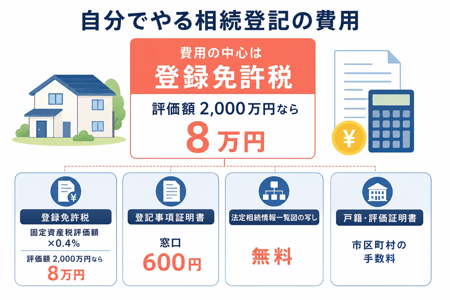 相続登記を自分でやる時の費用の内訳を、登録免許税と書類代に分けて示した計算シート