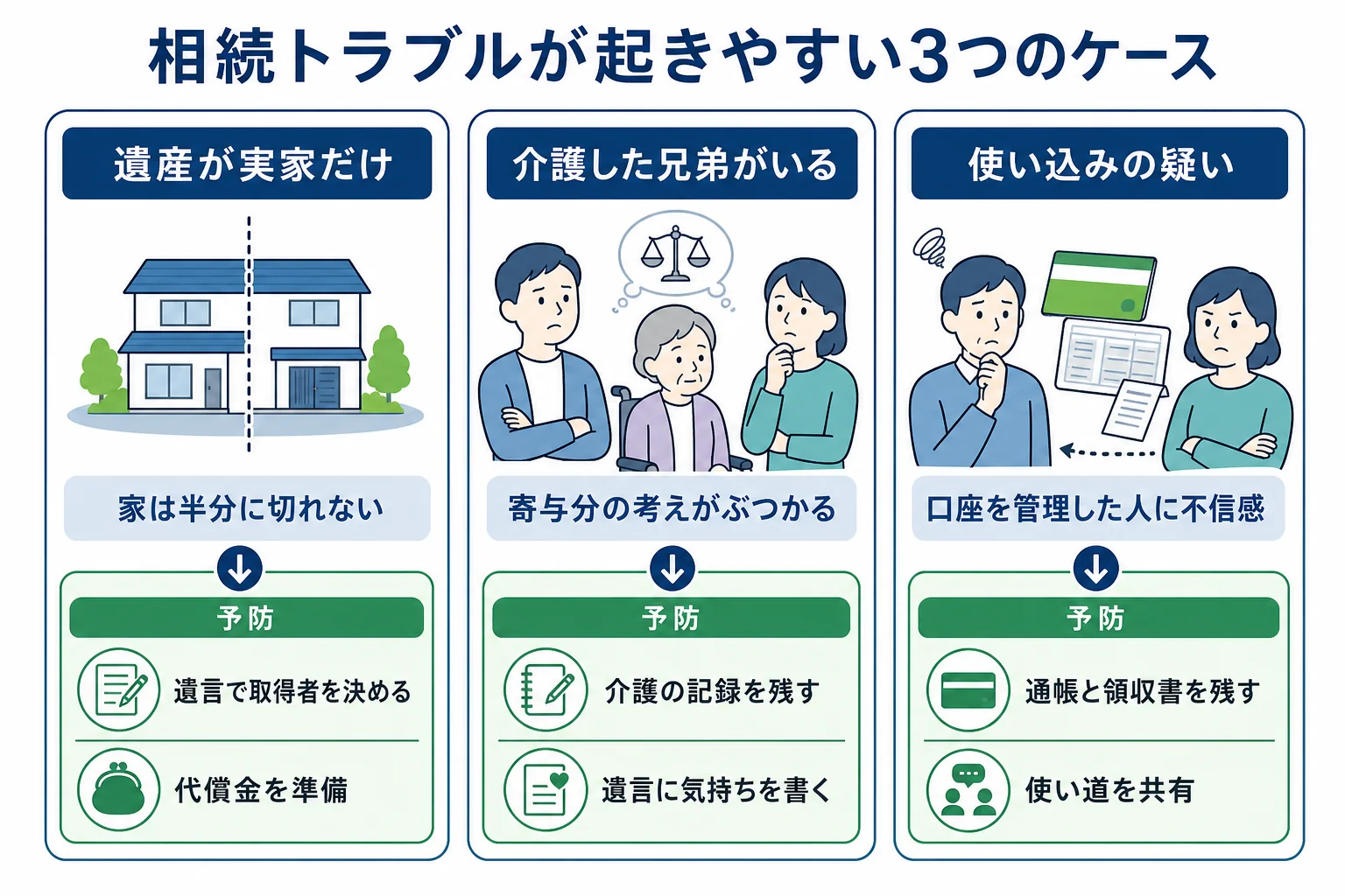 実家だけ・介護・使い込みの3つのケースで、相続トラブルが起きる理由と予防策を並べたケース別の分岐表