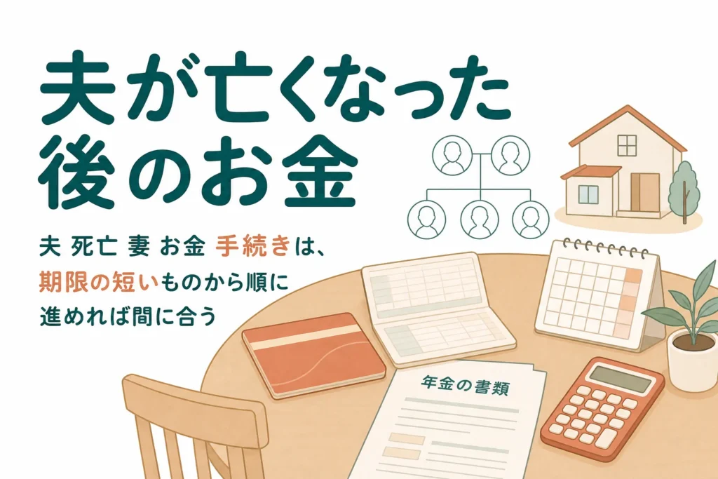 夫が亡くなった後に妻がやるお金の手続きの順番を解説する記事のアイキャッチ