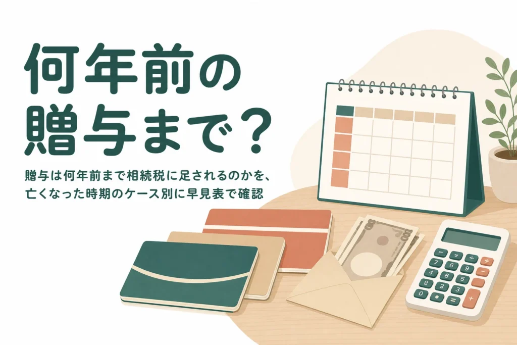 亡くなる何年前の贈与まで相続税に足されるかを、亡くなった時期ごとに確かめる記事のアイキャッチ