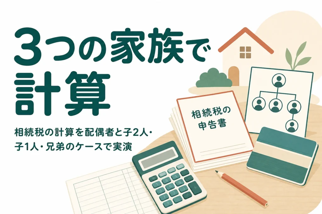 相続税の計算を、配偶者と子2人・子1人・兄弟の3つの家族のケースで実演する記事のアイキャッチ