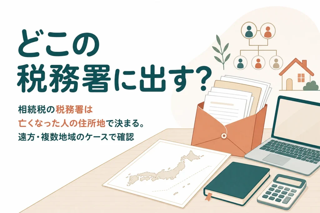 相続税の申告書をどこの税務署に出すかを、相続人が遠方・複数地域のケース別に確認する記事のアイキャッチ