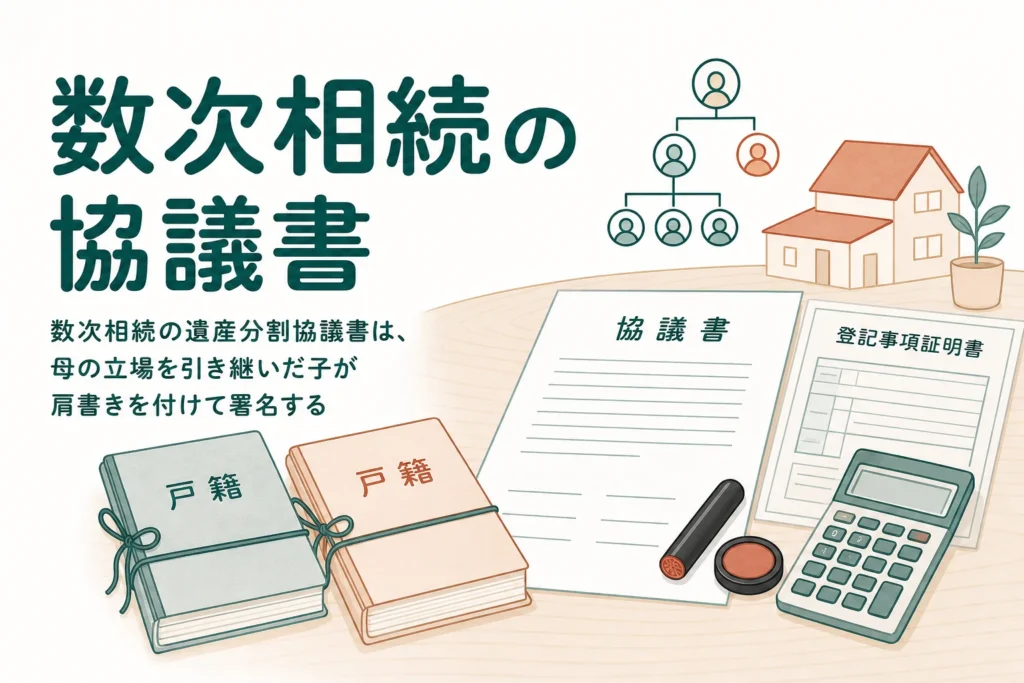 父の後に母が亡くなった数次相続の遺産分割協議書の記載例を確認する記事のアイキャッチ